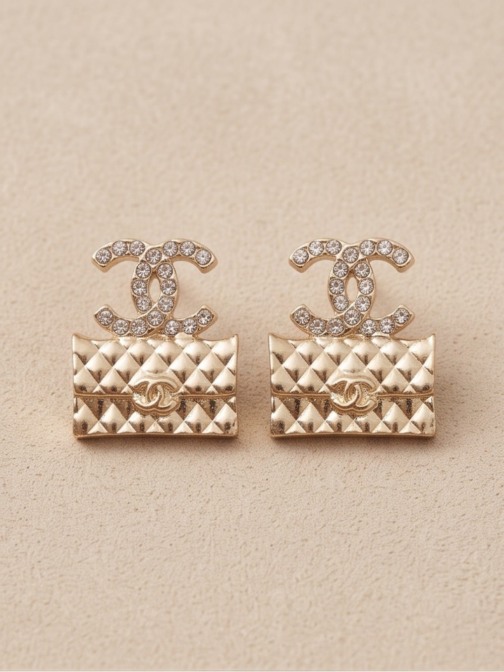 Fashion unbranded Gold Quilted Bag Crystal CC Stud Earrings